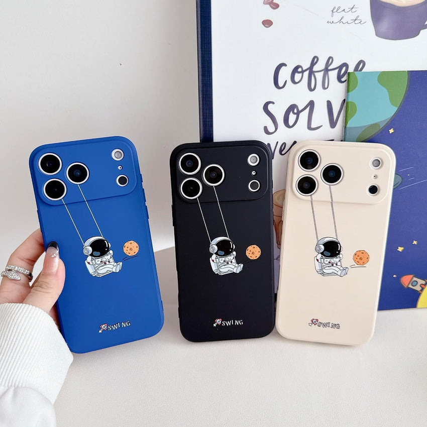 Yonds Queen for iPhone 17 Pro Max Cute Case, Cool Cartoon Swing Astronaut Planet Moon Design Stylish TPU Bumper Shockproof Anti-Slip Protector Fashion Case (Black Planet, iPhone 17 Pro Max)