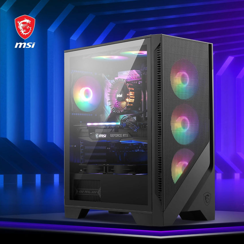 MSI Forge 120A Airflow mag cabinet with RGB window, Midi-Tower, ATX/Micro-ATX/Mini-ITX, USB 3.2, no source, 6 RGB fans installed, Black