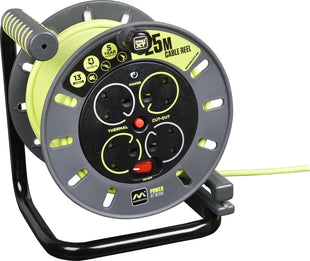 Masterplug Pro-XT Four Socket Open Cable Reel Extension Lead with Winding Handle, Thermal Cut Out and Power Switch, 25 Metres High Visibility Cable, Green