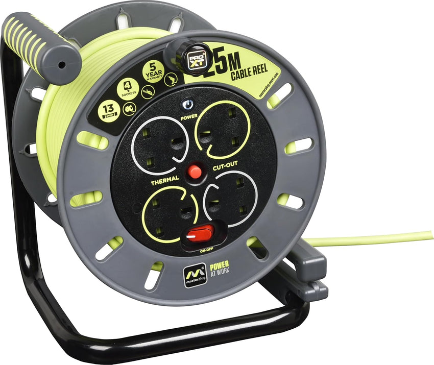 Masterplug Pro-XT Four Socket Open Cable Reel Extension Lead with Winding Handle, Thermal Cut Out and Power Switch, 25 Metres High Visibility Cable, Green