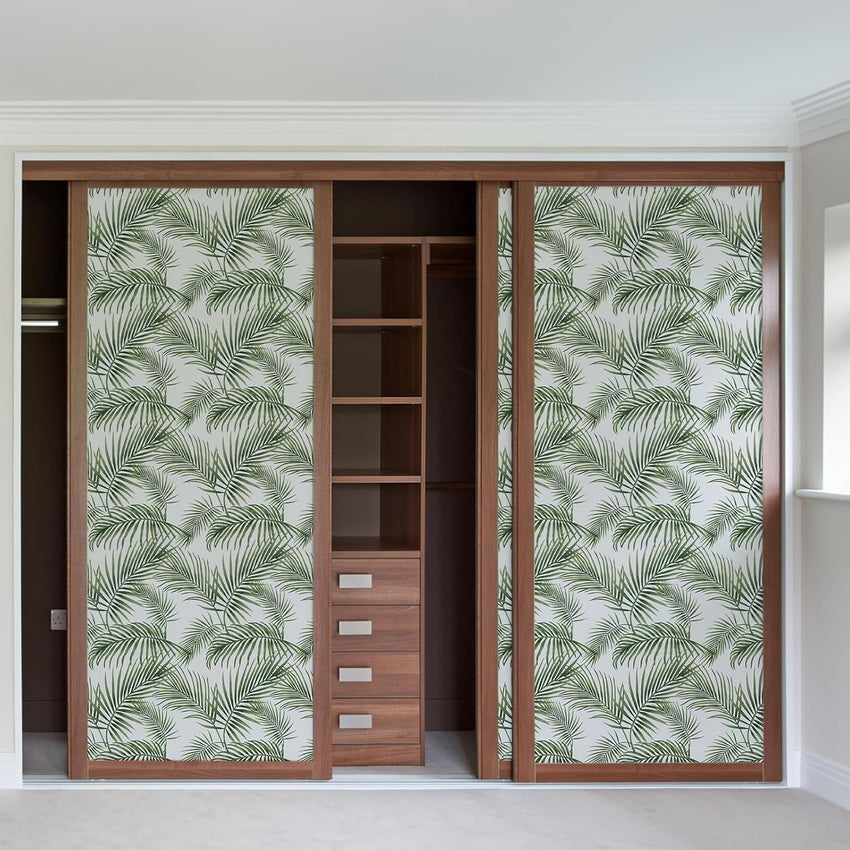 Hode Self Adhesive Wallpaper Green Leaf, Patterned Sticky Back Plastic Roll, Bathroom Kitchen Cupboard Worktop Vinyl Wrap for Furniture Table 90cmx6m