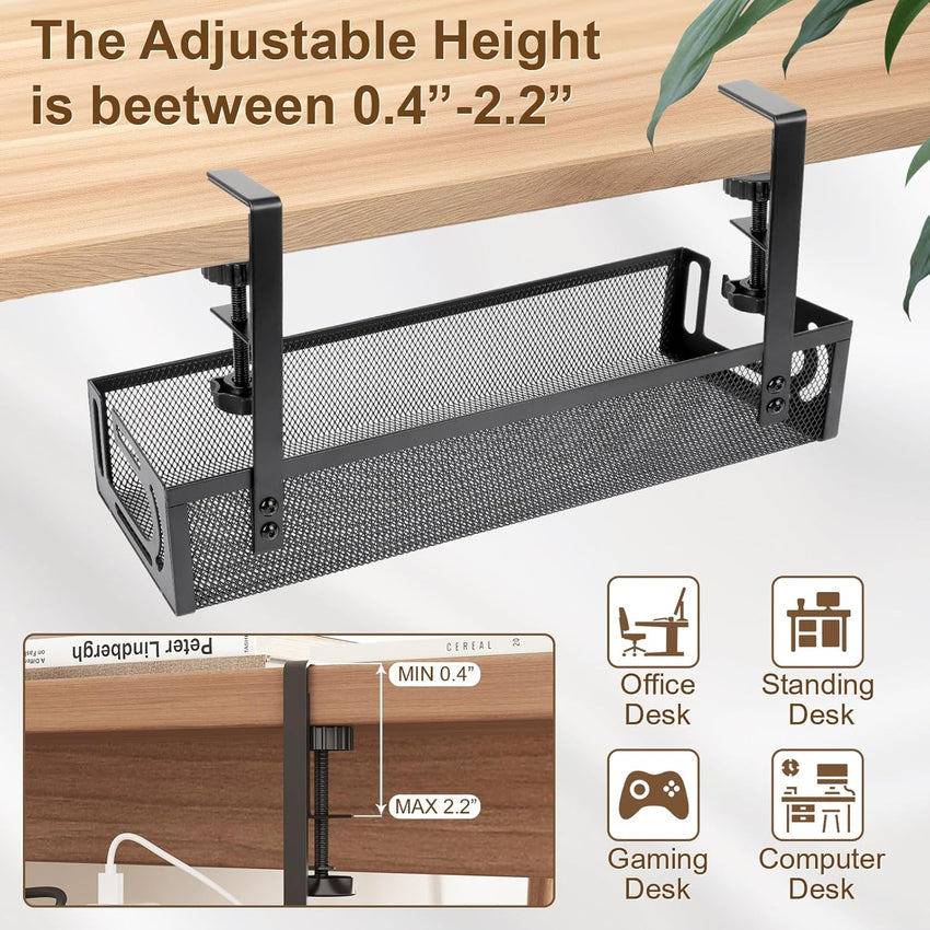 Under Desk Cable Management Tray, 15.4'' No Drill Cable Management Mesh Wire Organizer Side Opening Design for Home, Office, Internet Cafe, Kitchen, Black