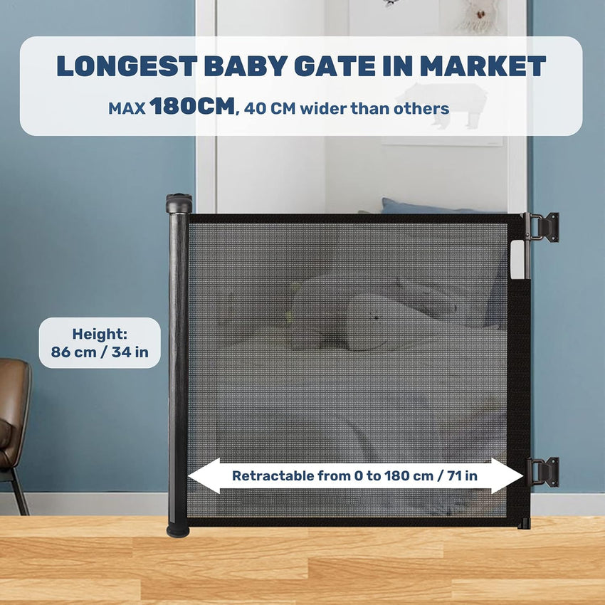 HollyHOME Retractable Stair Gate 180cm Extra Wide One Hand Operation Baby Gate Safety Gate for Baby and Pets Indoor & Outdoor, Black