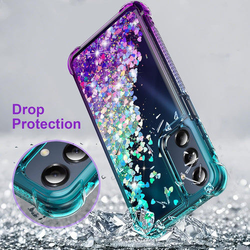 XRCS Compatible with for Samsung Galaxy A36 5G Case with Tempered Glass Screen Protector Glitter Bling Flowing Liquid Floating TPU Bumper Cushion Corners Protection Case - Purple