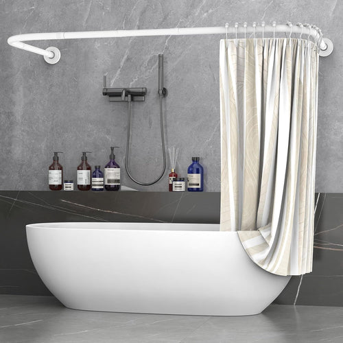 Misounda Shower Curtain Rail U/L Shaped 75x(150-190) x75 cm - Curved Bath Curtain Rod for Bathtubs - Without Ceiling Bracket - Includes 24 Rings Adjustable - White