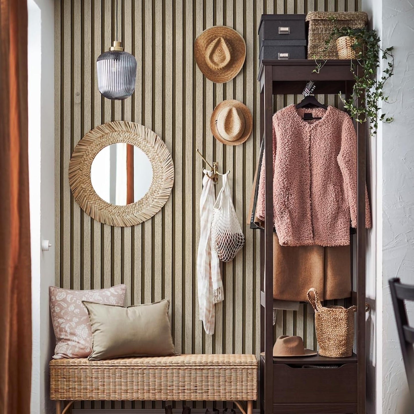 Abyssaly Wood Effect Vinyl Wrap Self Adhesive Wallpaper, Brown Wood Slats Sticky Back Plastic for Furniture, Removable Peel and Stick Wallpaper, Wood Panel for Walls, Kitchen, DIY 60cmX500cm