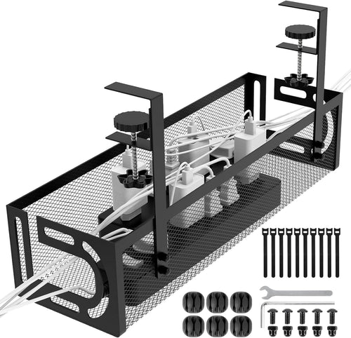 Under Desk Cable Management Tray, 15.4'' No Drill Cable Management Mesh Wire Organizer Side Opening Design for Home, Office, Internet Cafe, Kitchen, Black
