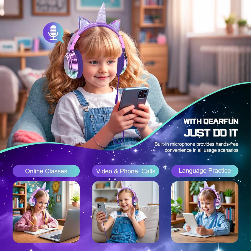 JYPS Kids Headphones, Cute Metallic, 85/94dB Volume Limited, Stereo Sound, Sharing Function, Foldable 3.5mm Wired Over-ear Toddler/Childrens Headphones for iPad/Tablet/School (unicorn, purple)