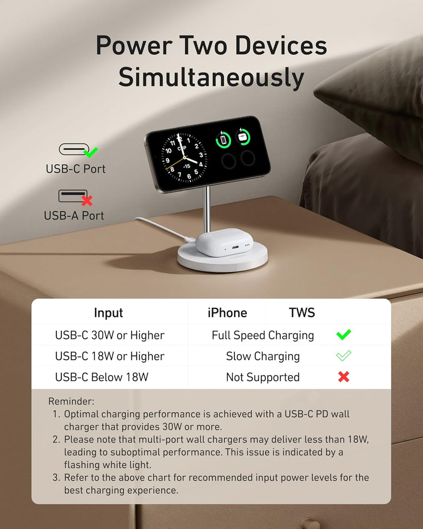 Anker MagGo 2-in-1 Wireless Charging Station, MagSafe Charger Compatible, Qi2 Certified 15W Wireless Stand, Apple Watch Charger for iPhone 16/15/14 Series, AirPods (No AC Adapter)