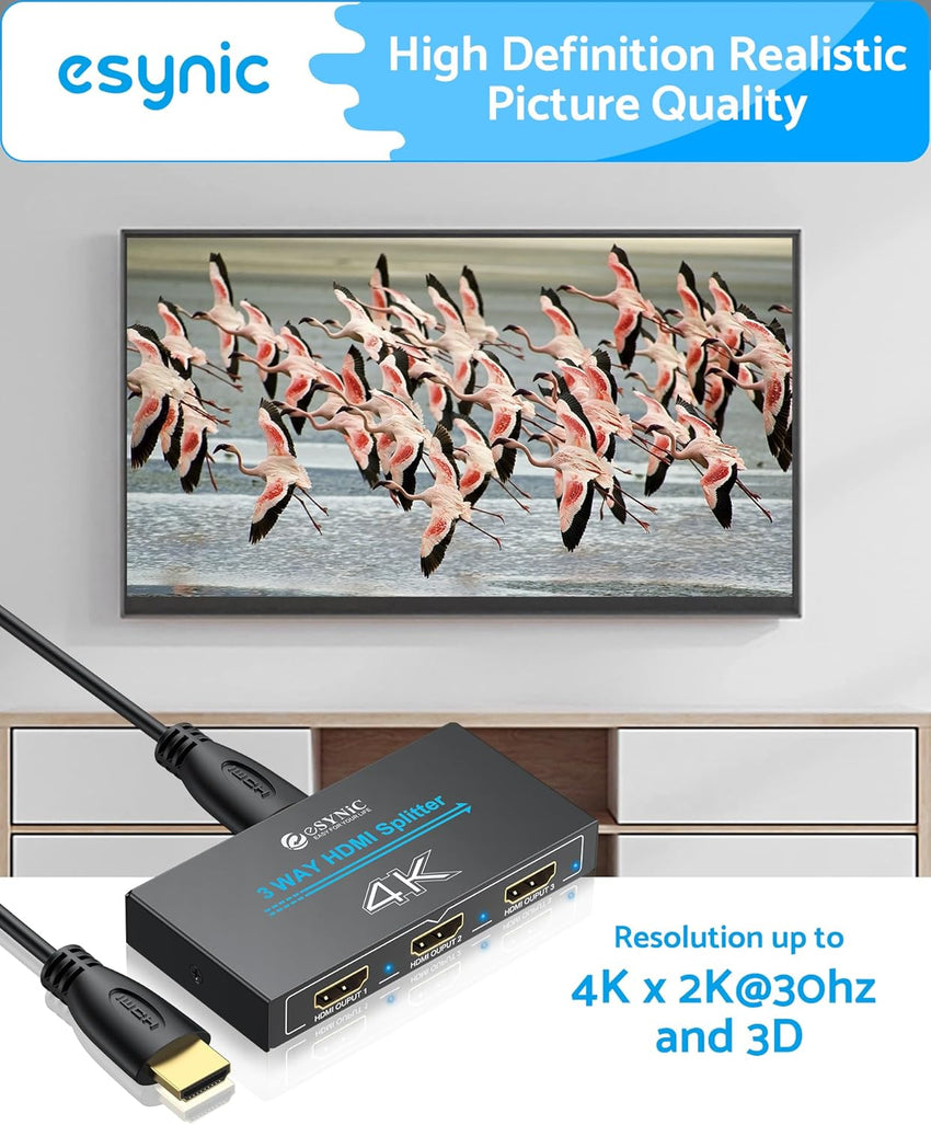 eSynic Professional HDMI Splitter 4K@30HZ 1In 3Out Metal Shell 3 Way HDMI Splitter HDCP 1.4 Hdcp Bypass Splitter Stable Signal Transmission Supports Dolby PCM for Lap-top HDTV PS4 Blu-ray etc