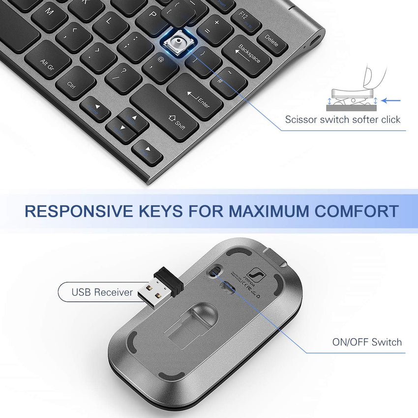 Small Wireless Keyboard and Mouse, seenda Ultra Compact Rechargeable USB Keyboard and Mouse Combo with Portable Size Low Profile Keys for Windows XP/7/8/10/11 Laptop Computer, Gray