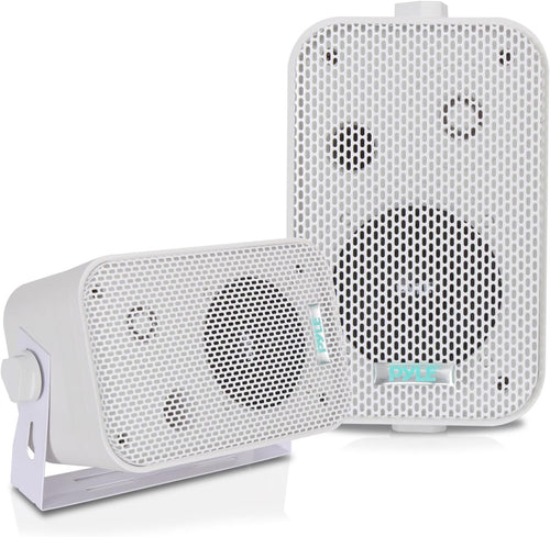 Pyle Home Dual Waterproof Outdoor Speaker System 300W - 3.5 Inch/8.9cm Pair of Weatherproof Wall/Ceiling Mounted Speakers, Heavy Duty Grill, Universal Mount, For Pool, Patio, Boat, Indoor, (White)