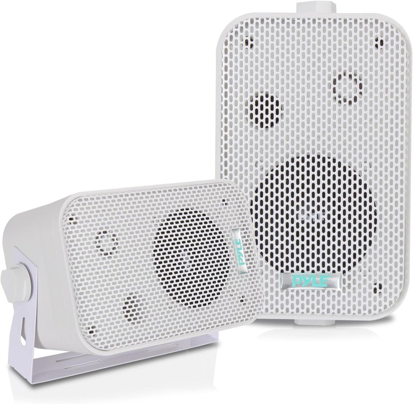 Pyle Home Dual Waterproof Outdoor Speaker System 300W - 3.5 Inch/8.9cm Pair of Weatherproof Wall/Ceiling Mounted Speakers, Heavy Duty Grill, Universal Mount, For Pool, Patio, Boat, Indoor, (White)