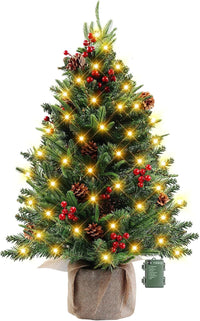 MaxEarn 60CM Mini Christmas Tree with 50 LED String Lights, DIY Artificial Christmas Tree with Star and Red Bowknots, Pine Cones and Red Berries Decoration for Xmas, Home, Kitchen, Dining Table Decor