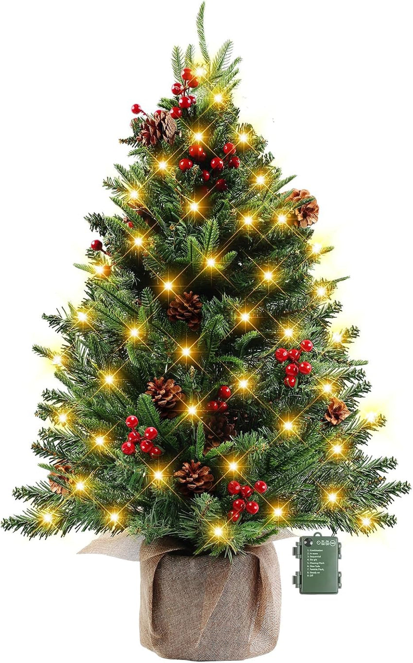 MaxEarn 60CM Mini Christmas Tree with 50 LED String Lights, DIY Artificial Christmas Tree with Star and Red Bowknots, Pine Cones and Red Berries Decoration for Xmas, Home, Kitchen, Dining Table Decor