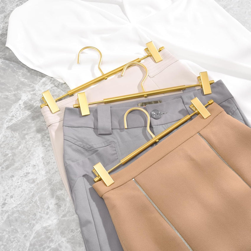 Amber Home 31cm Premium Matte Gold Aluminum Trousers Hangers 20pcs, Extra Smooth & Durable Metal Skirt Pants Hanger, Light & Sturdy Metal Rack for Bottoms with Non-slip Clips and Swivel Hook