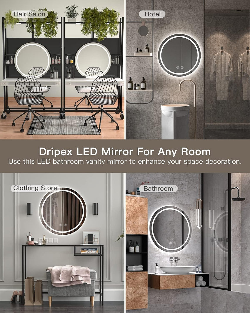 Dripex 600mm Round Bathroom Mirror with LED Light, Illuminated Wall Mounted Vanity Mirror with Demister, Anti-fog Large Circle Makeup Mirror, 3-Color Dimmable LED Light, IP44