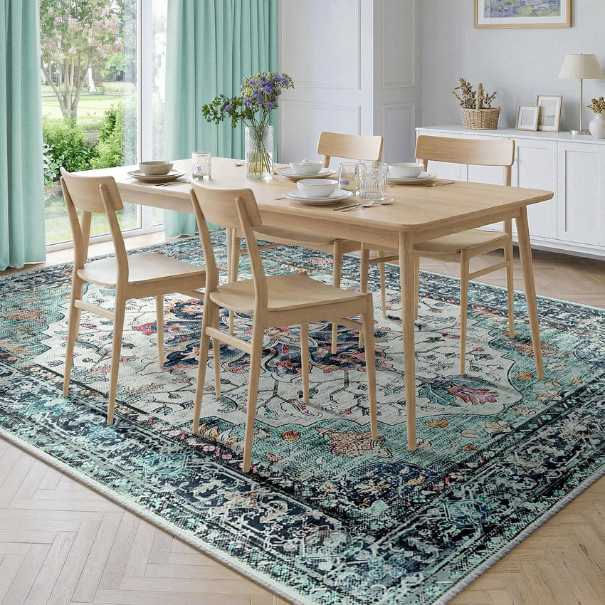 Machine Washable Low Pile Area Rug 120 x 180cm Vintage Print Anti-Slip Indoor Blue/Teal/Navy/Red