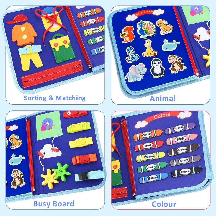 Montessori Busy Board for Toddlers with Basic Life Skills Activities â Blue