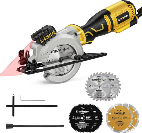 Enventor Mini Circular Saw, 705W 3500RPM Pure Copper Motor Compact Electric Circular Saw with Laser Guide, 6 Blades(115mm), Max Cutting Depth 42.8mm(90ÃÂ°), 28mm(45ÃÂ°) for Wood, Soft Metal, Tile, Plastic