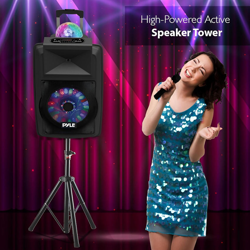 Pyle Portable PA System 30cm, 700W Bluetooth Party Speaker, Rechargeable DJ Sound System with Disco LED Lights, Wireless Microphone, USB/SD/Radio, Recording Mode, Battery Powered Speaker