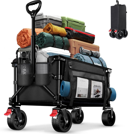 BELEEV Folding Festival Trolley Wagon, Collapsible Camping Trolley Cart with 6" All-Terrain Big Wheels, Side Pocket & Drink Holders, 130L Pull Along Trolley for Beach Grocery Garden Shopping(Black)
