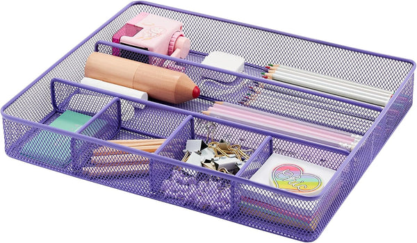 Annova Desk Drawer Organizer/Storage Tray - Metal Mesh with Dividers for Pens, Desktop Accessories, Bathroom, Kitchen, Makeup and Office Supplies (Purple)