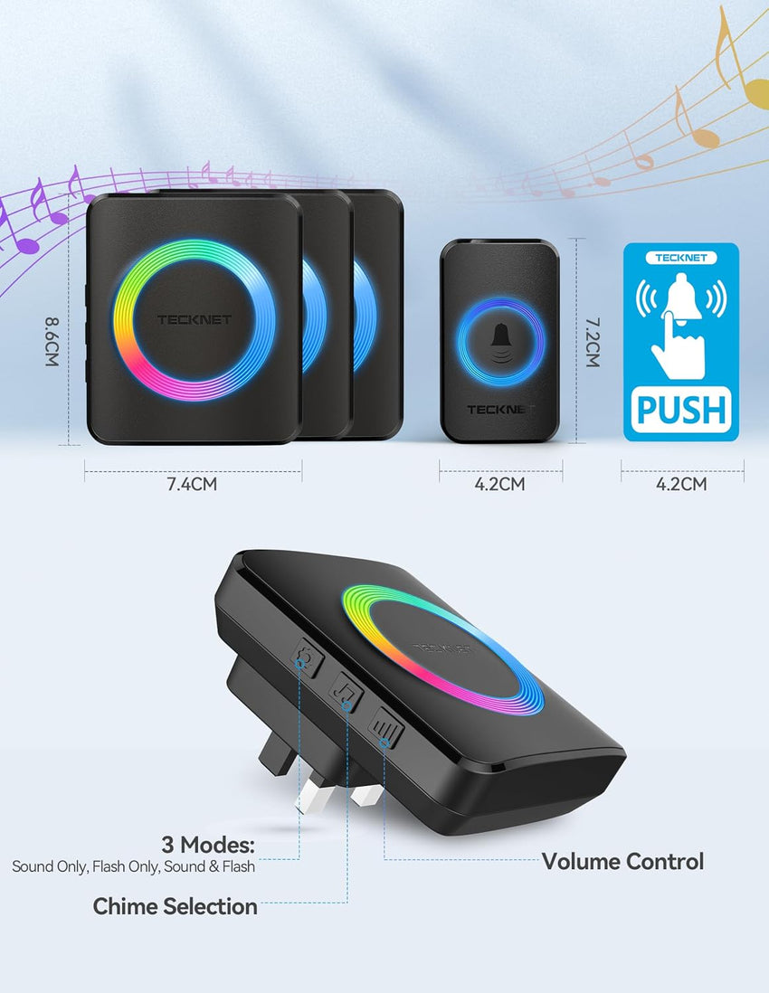 TECKNET Wireless Doorbell 3 Receivers, Door Chime Kit with RGB Light, 400 M/1300 ft Wireless Range, IP65 Waterproof Door bell, 60 Chimes & 5 Level Volume Plug in Receiver for Home, School,Office,Black