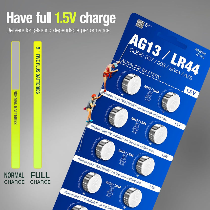 5Plus 10-Pack LR44 AG13 357 303 SR44 A76 675 392 394 384 376 1.5V Alkaline Button Cell Batteries - Ideal for Watches, Hearing Aids, Glucometers, Key Fobs, Car Keys, and Small Electronics