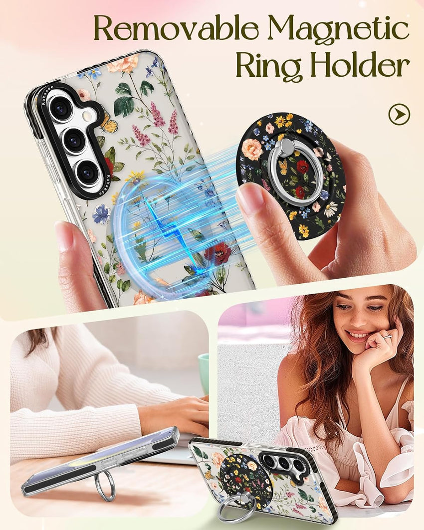 Kokaade for Samsung Galaxy S24 FE Case for Women Girls - Cute Kawaii Retro Flower Design Compatible with Magsafe for Magnetic Ring Holder Stand Phone Cover Girly TPU Funda for Samsung Galaxy S24 FE