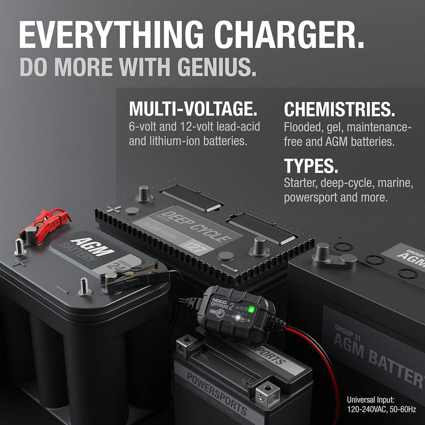 NOCO GENIUS2: 2A 6V/12V Smart Battery Charger - Automatic Maintainer, Trickle Charger & Desulfator with Overcharge Protection & Temperature Compensation - For Lead-Acid & Lithium Batteries