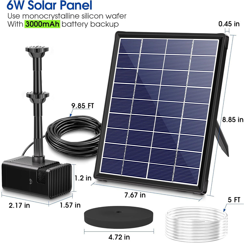 Billing Solar Pond Foundtain with Battery Backup, 6W 300L/H Solar Water Pump with 3000mAh Battery Backup, with Filter DIY 5ft Tubing Solar Fountains Water Feature for Garden Ponds, Pool, Fish Tank