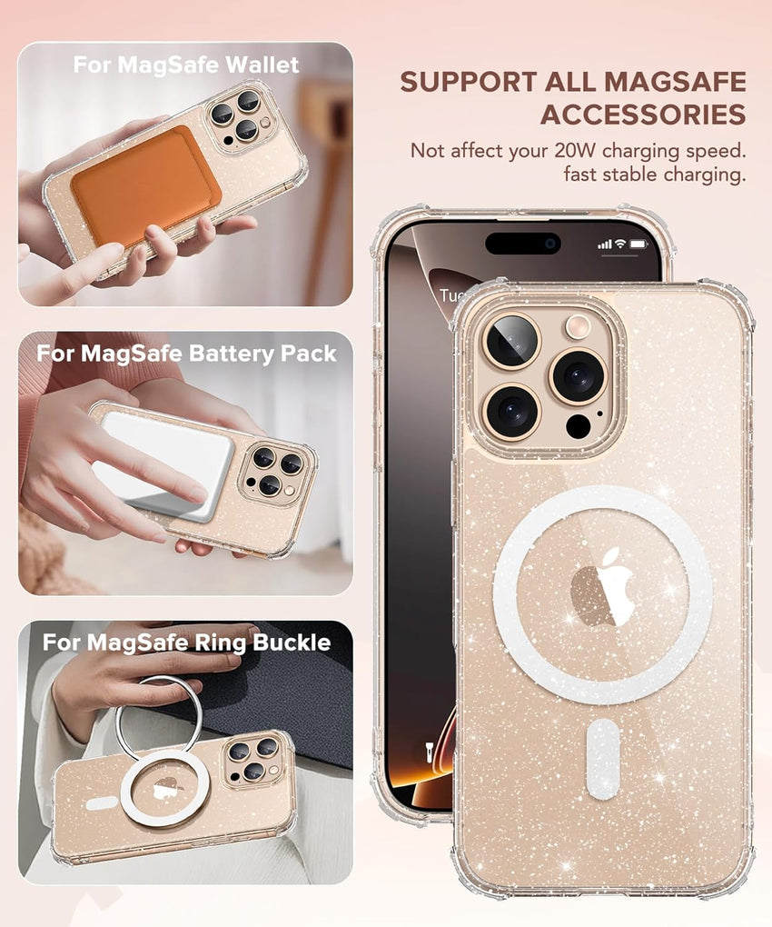 BERFY Magnetic Case for iPhone 16 Pro Max, [Compatible with Magsafe], with 2X Screen Protector + 2X Camera Lens Protector, Clear Sparkle Cute Shockproof Hard Phone Case for Women 6.9", Shiny Clear