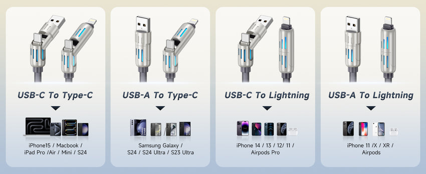 KALINI 4-in-1 USB Type-C Fast Charging Cable, 240W, LED, Lightning 1M White PD 3.1