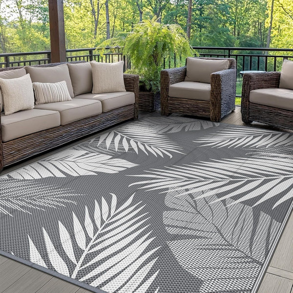 GENIMO Outdoor Rug 240 x 300 cm â Extra Large Waterproof Reversible Garden Rug, UV Resistant & Washable Plastic Carpet for Patio, RV, Picnic, Backyard, Balcony â Grey & White
