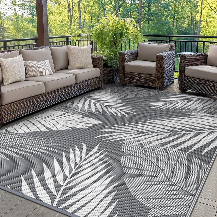 GENIMO Outdoor Rug 240 x 300 cm â Extra Large Waterproof Reversible Garden Rug, UV Resistant & Washable Plastic Carpet for Patio, RV, Picnic, Backyard, Balcony â Grey & White