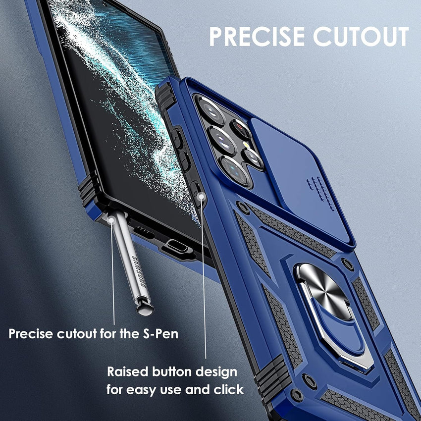 for Samsung Galaxy S25 Ultra Case with 2 Pack Screen Protector, Slide Camera Cover & Kickstand, Heavy Duty Shockproof Rugged Protective Phone Cover Case for Samsung Galaxy S25 Ultra, Blue