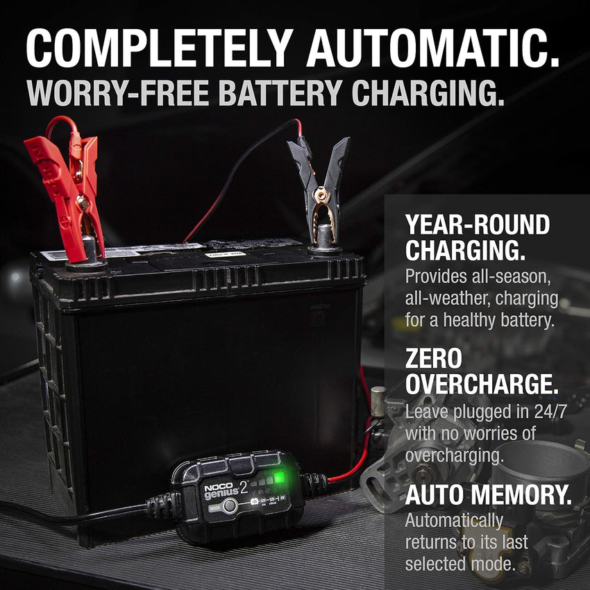 NOCO GENIUS2: 2A 6V/12V Smart Battery Charger - Automatic Maintainer, Trickle Charger & Desulfator with Overcharge Protection & Temperature Compensation - For Lead-Acid & Lithium Batteries