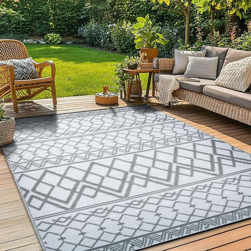 Xfrog Large Outdoor Patio Rugs for Garden Waterproof Indoor & Outdoor Recycled Plastic Carpet Area Rugs for Porch, Deck, Balcony, Garden, Picnic, Kitchen, Hallway Moroccan Grey & White 120 x 180 cm