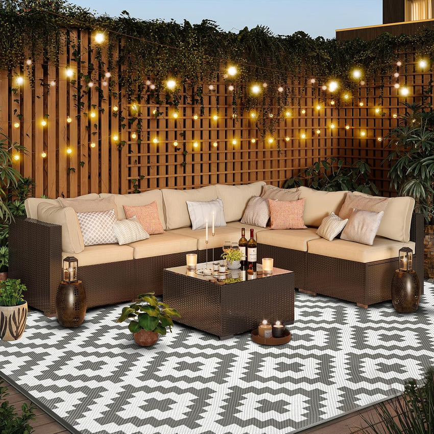 Reversible Geometric Outdoor Rug Waterproof Anti-slip UV Resistant Easy Clean â 270x360cm Grey/White