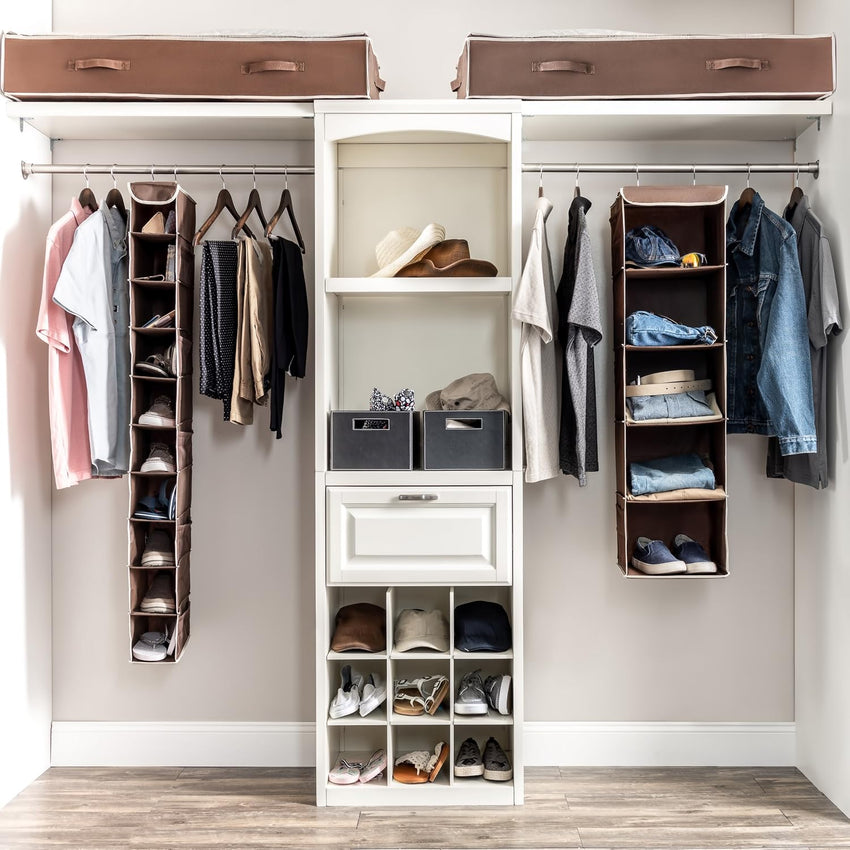 Premium 10-Shelf Hanging Shoe Storage Organiser With Side Mesh Pockets- Superior Tear Proof Fabric, Hanging Shoe Shelves With 2 Hooks- Collapsible Wardrobe Storage Closet Organiser for Shoes & Clothes