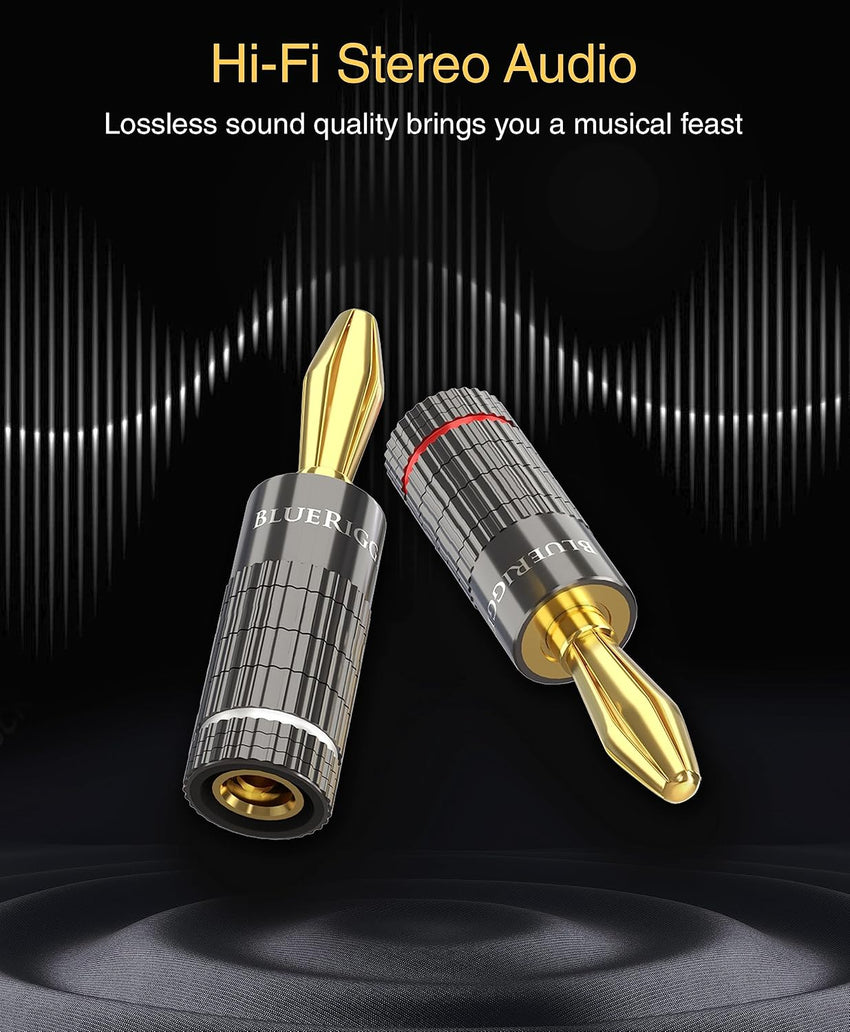 BlueRigger Banana Plugs 2 Pairs / 4 pcs (Closed Dual Screw) - 4 Pack Gold Plated Speaker Plugs Connector for Speaker Wire, Amplifier, Receiver, Banana Wall Plate, Home Theater
