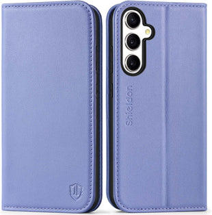SHIELDON Flip Case for Galaxy S24 FE 6.7", Genuine Leather Wallet Case with [Kickstand][RFID Blocking][Card Slots][Magnetic Closure] Shockproof Phone Cover Compatible with Galaxy S24FE - Navy Blue