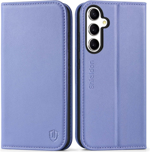 SHIELDON Flip Case for Galaxy S24 FE 6.7", Genuine Leather Wallet Case with [Kickstand][RFID Blocking][Card Slots][Magnetic Closure] Shockproof Phone Cover Compatible with Galaxy S24FE - Navy Blue