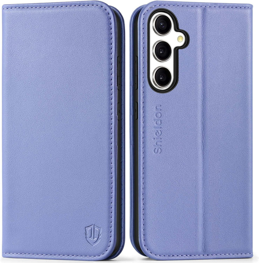 SHIELDON Flip Case for Galaxy S24 FE 6.7", Genuine Leather Wallet Case with [Kickstand][RFID Blocking][Card Slots][Magnetic Closure] Shockproof Phone Cover Compatible with Galaxy S24FE - Navy Blue
