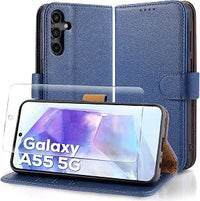 Case Collection for Samsung A55 5G Phone Case and Screen Protector - Leather Folio Flip [Kickstand] Shockproof Cover [RFID Blocking] Magnetic Wallet for Samsung Galaxy A55 5G Case Blue