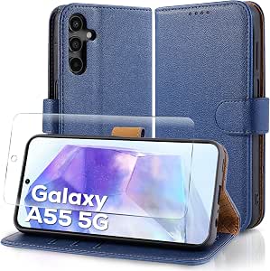 Case Collection for Samsung A55 5G Phone Case and Screen Protector - Leather Folio Flip [Kickstand] Shockproof Cover [RFID Blocking] Magnetic Wallet for Samsung Galaxy A55 5G Case Blue