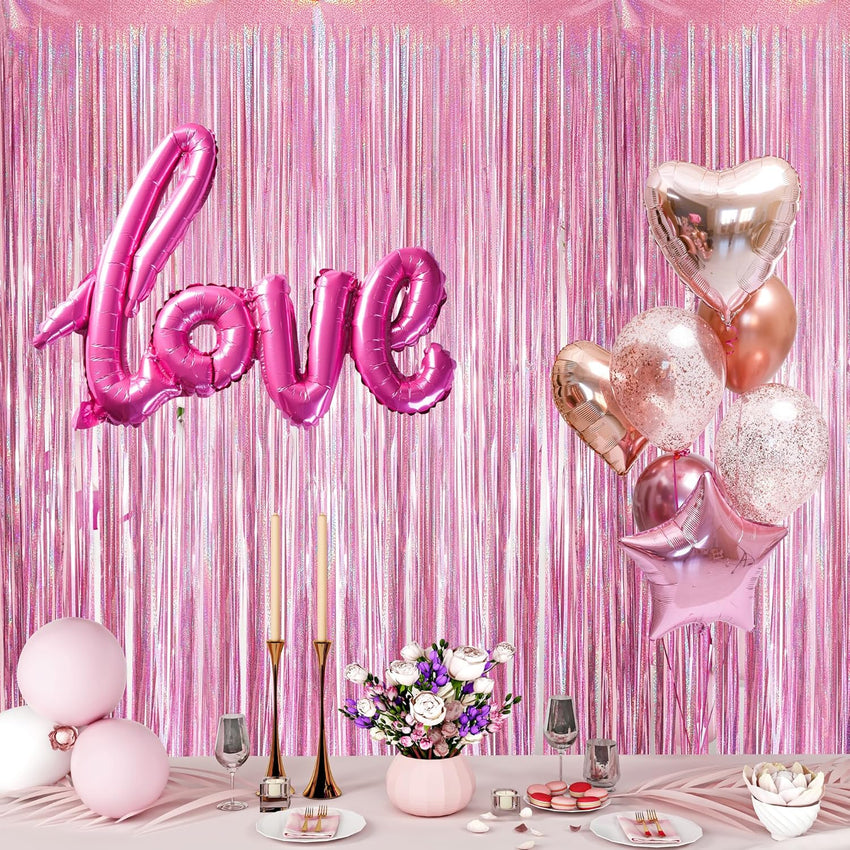 YAAVAAW 2pcs 3.2 x 8.3ft Glitter Pink Tinsel Curtain Foil Fringe Curtain Backdrop Party Streamers Curtain Photo Backdrop Decorations for Birthday School Graduation Hen Girls Party Decorations Pink