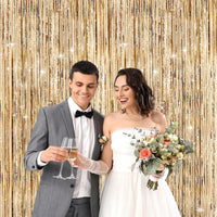 G2PLUS Champagne Gold Glitter Foil Curtains, 2PCS Metallic Tinsel Foil Fringe, 1mÃ2.5m Party Backdrop Streamers for Birthday Wedding Prom Decoration