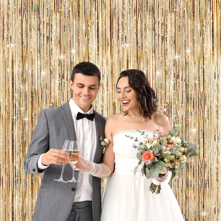 G2PLUS Champagne Gold Glitter Foil Curtains, 2PCS Metallic Tinsel Foil Fringe, 1mÃ2.5m Party Backdrop Streamers for Birthday Wedding Prom Decoration